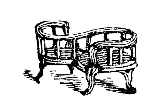 Ornate loveseat with carved wood and curved cabriole legs, old vintage illustration, 1897.