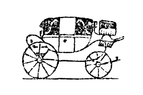 Horse-drawn carriage with large spoked wheels and detailed coachwork, old vintage illustration, 1897.
