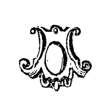 Ornate cartouche with elegant scrolls and empty oval, old vintage illustration, 1897.