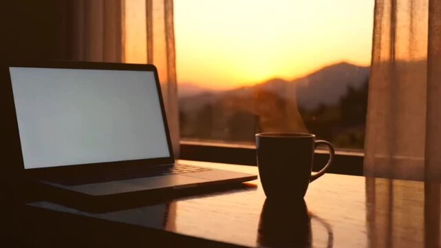Laptop computer and steaming mug of hot beverage on table at sunset overlooking mountain range. peaceful home office workspace cinematic footage background.