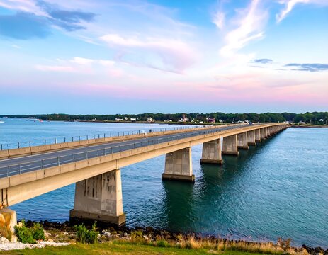 A serene bridge spans across calm waters under a pastel sky