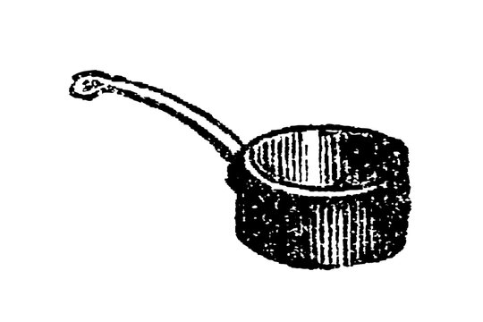 Long-handled pan with bold shading, old vintage illustration, 1897.