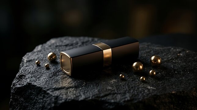 A luxury black lipstick product placed on a dark textured stone rock surface with small shiny decorative beads scattered around in a moody studio lighting