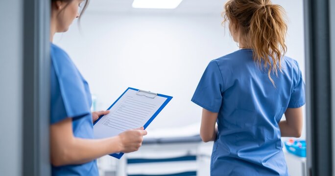 Two nurses in blue scrubs with clipboard