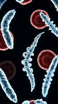 Spirochete Bacteria Microscopic View - This abstract visualization depicts Borrelia spirochete bacteria, characterized by their spiral shape, floating in a dark space alongside red blood cells.