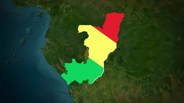 Republic of the Congo Flag Map Animation, Zoom From Space to Republic of the Congo, Africa Country Location Map on Realistic Terrain Background