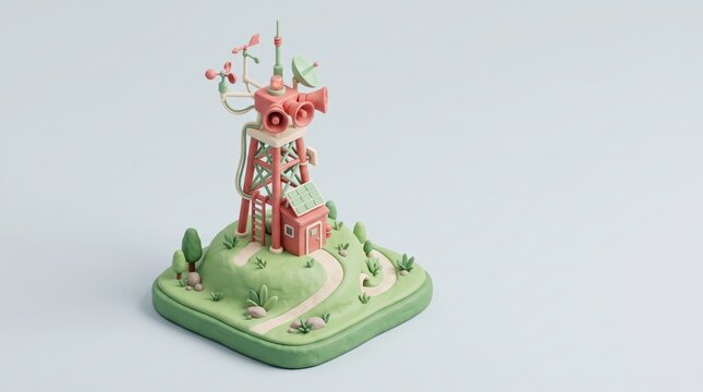 3D clay style communication tower model on a green hill