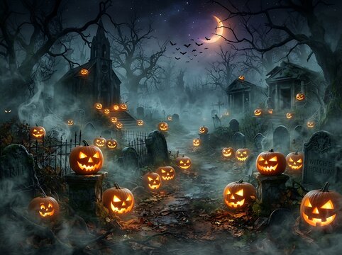 Haunted churchyard with glowing jack o lanterns and bats flying across a full moonlit sky.