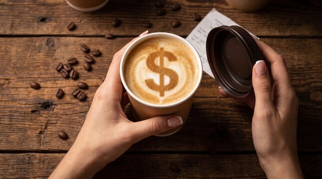 Hands holding coffee cup with dollar sign latte. Businesswoman enjoying coffee break. Coffee as financial symbol.