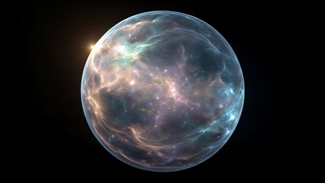 Glowing ethereal crystalline orb floating in deep space with vibrant nebula colors and cosmic energy