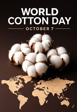 Celebrate world cotton day on october seventh with fluffy cotton bolls and world map illustration