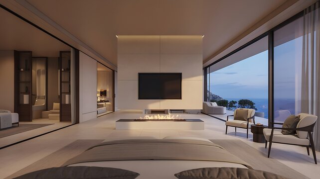 Luxury master bedroom with ocean view and fireplace interior fireplace