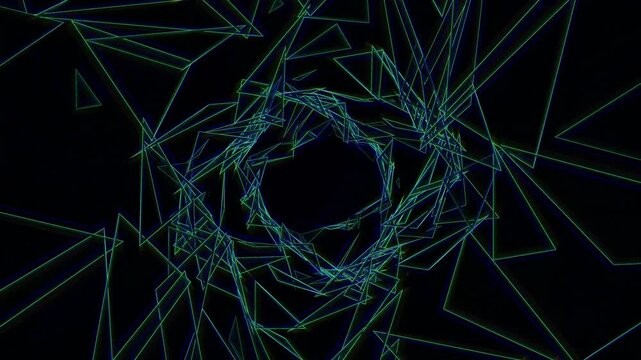 Abstract shapes and lines form a complex pattern in dark space. The design features colors that shift and move, creating a vibrant and energetic atmosphere