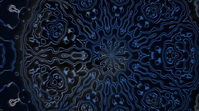 Swirling blue lines create a complex pattern set against a dark background, showing a mix of shapes and forms. The design appears to flow and move in a dynamic way