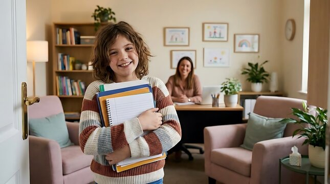 Young boy holding school books in bright office.