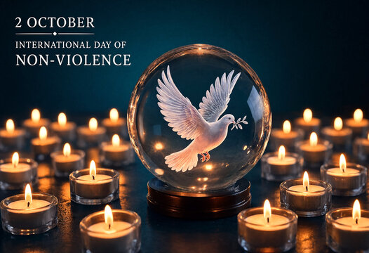 International day of nonviolence celebration with candles and dove in glass globe display