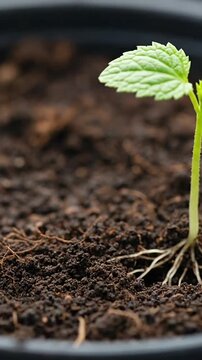 A small green seedling growing in rich dark soil