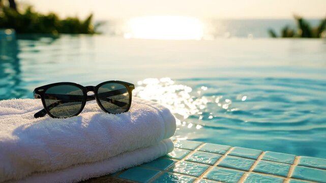 Sunglasses resting on white towel by infinity pool at sunset, water splashing gently, luxury resort ambiance