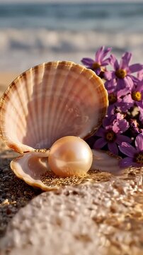 Luminous Pearl in Seashell with Purple Flowers on Sandy Beach - A single, luminous pearl rests within an open seashell, nestled on a sandy beach.