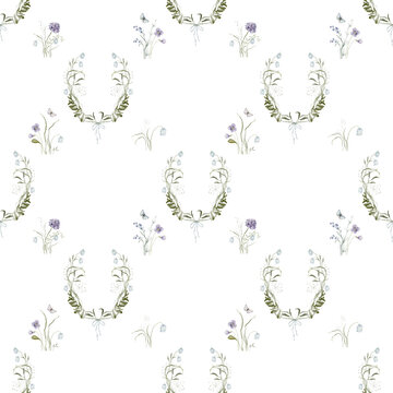 Seamless watercolor pattern with soft bluebell meadow. Botanical repeat design with illustrations of delicate green leaves, blue purple wildflower. For textile printing, wallpaper, gift wrapping paper