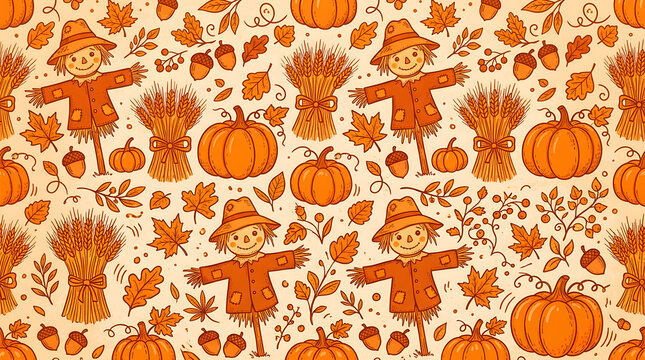 Seamless pattern featuring cute hand drawn scarecrows pumpkins wheat sheaves and autumn leaves in a festive thanksgiving harvest theme for seasonal design