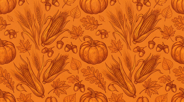 Seamless pattern with hand drawn pumpkins corn stalks acorns and autumn leaves on a vibrant orange background for seasonal harvest holiday design