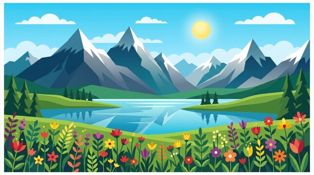 Flat vector mountain landscape with lake and wildflowers, scenic alpine nature background, colorful summer mountain valley illustration