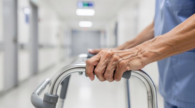 Close-Up of Healthcare Professional's Hands on Walker in Hospital Corridor, Symbolizing Support and Mobility for Patients, in Medical Environment