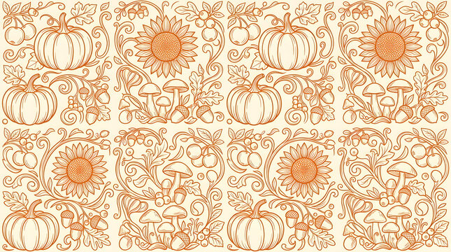 Seamless pattern featuring hand drawn pumpkins sunflowers and mushrooms in a rustic autumn style perfect for seasonal home decor and textile design