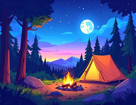 A serene camping scene at dusk with a tent and campfire