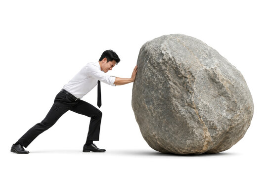 Asian Businessman Pushing Heavy Rock Boulder Isolated on White Background