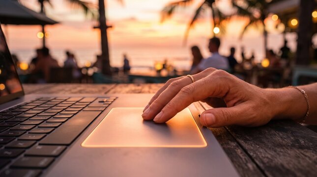 Hand on laptop trackpad at sunset, working remotely by the beach
