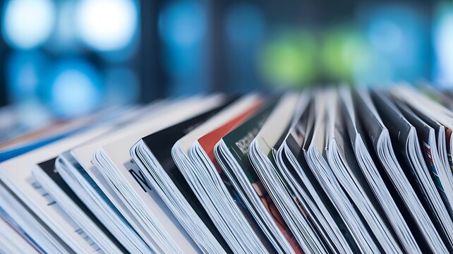 Macro shot of stacked magazines and brochures with glossy pages and colorful covers, arranged in a row against a soft blue bokeh light background