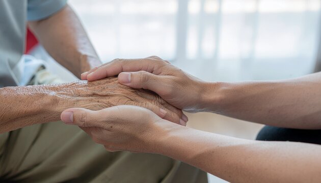 Manos de persona joven acariciando y tocando con ternura las manos de una persona mayor. Concepto de cuidados y mimos para ancianos