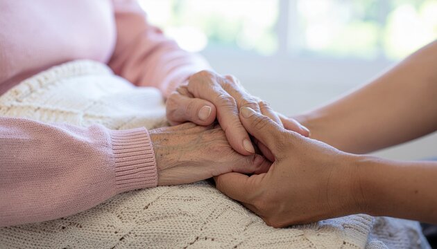 Manos de persona joven acariciando y tocando con ternura las manos de una persona mayor. Concepto de cuidados y mimos para ancianos