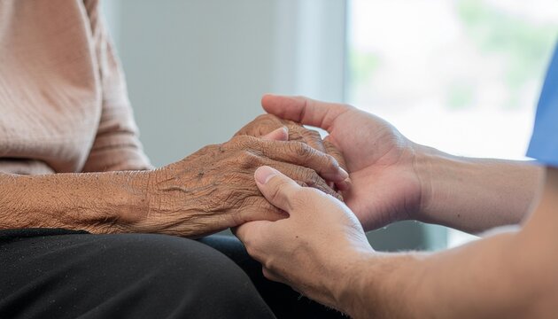 Manos de persona joven acariciando y tocando con ternura las manos de una persona mayor. Concepto de cuidados y mimos para ancianos