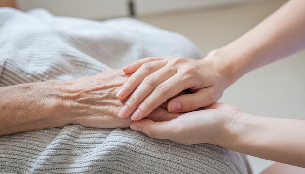 Manos de persona joven acariciando y tocando con ternura las manos de una persona mayor. Concepto de cuidados y mimos para ancianos