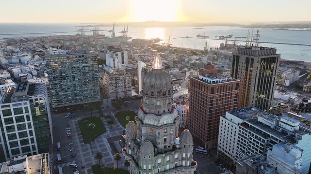 Sunset Montevideo Skyline At Montevideo In Maldonado Uruguay. Medieval Buildings Scenery. Sunset Cityscape. Cultural Heritage Skyline. Montevideo Skyline At Montevideo In Maldonado Uruguay.