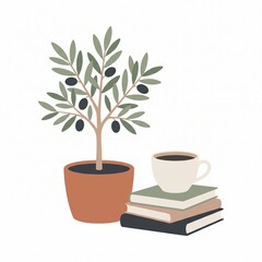 Fototapeta premium Olive tree in pot next to stack of books and coffee cup minimalist vector art illustration.