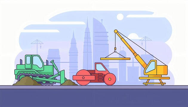 Construction vehicles illustration with bulldozer, road roller, and crane working on a building site against a city skyline background. Heavy machinery at work.