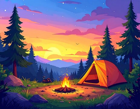 A serene camping scene at sunset with a tent and campfire