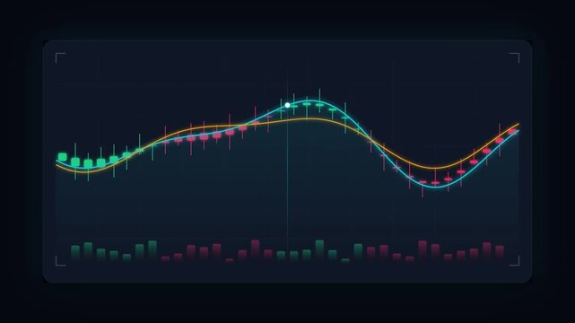 Digital financial stock market chart with colorful line graphs and volume bars on dark background.
