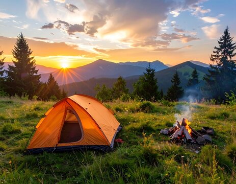 A serene camping scene at sunset with a tent and campfire