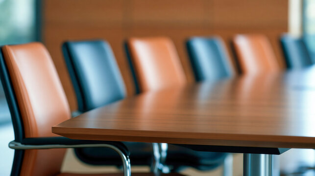 Modern corporate boardroom with elegant brown leather chairs and polished wooden conference table in professional office setting
