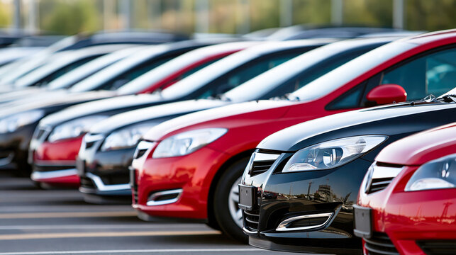 Row of new cars parked at dealership lot with alternating red and black sedans ready for sale