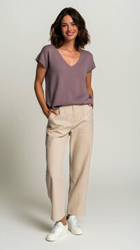 Smiling young woman in casual mauve top and beige trousers standing confidently with hands in pockets against neutral background