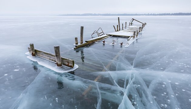 Frozen lake with broken wooden pier, cracked ice texture on winter pond, abandoned jetty in cold arctic landscape, minimalist seasonal nature background