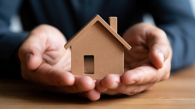 Businessman hands holding small wooden house model, real estate investment and home insurance concept
