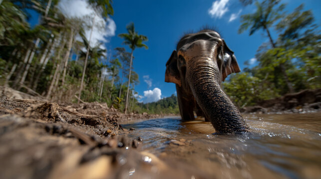 Young elephant bathing in a tropical river with palm trees in the background, elephant