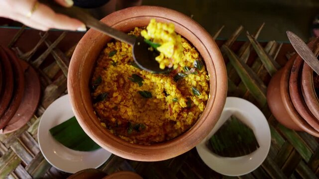 Overhead view of a hand serving turmeric-yellow lentil curry from a clay pot with a wooden spoon at a traditional Sri Lankan village meal setting.